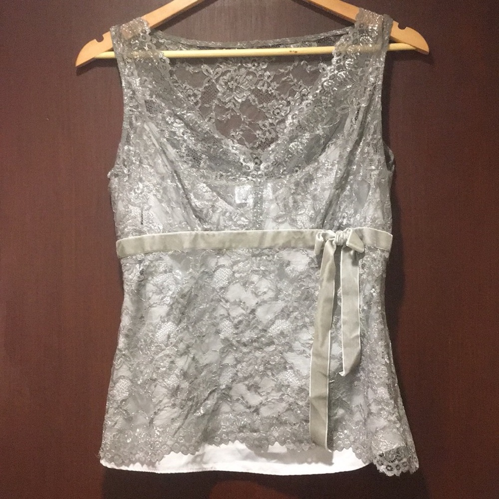 Ann Taylor LOFT Silver Lace TankTopLinedTop